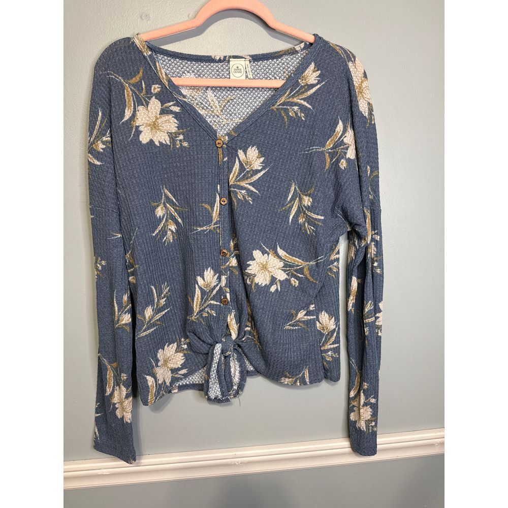 Floral Long Sleeve Waffle Knit Top Blue Floral Pattern Casual